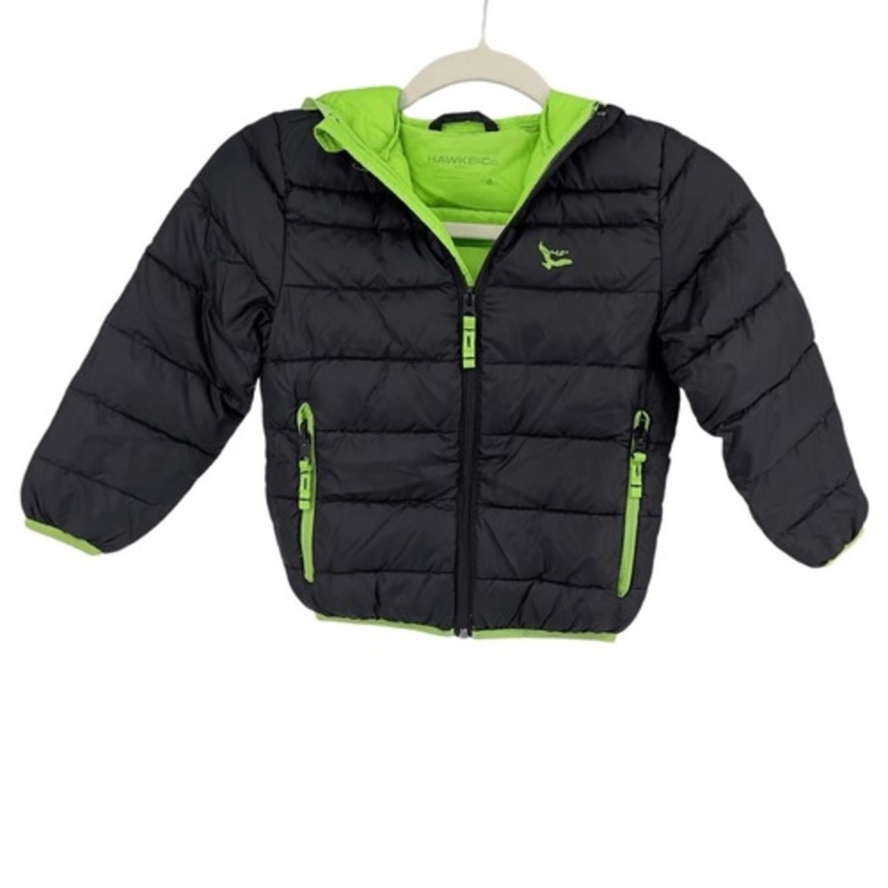 Hawke & Co Sport Packable Puffer Jacket Black Neon Green Hooded Boys Size 4